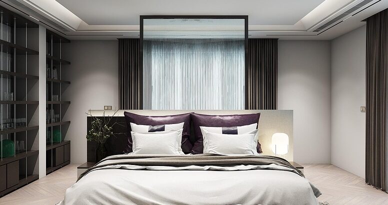 master bedroom, bed, console table, glass, curtain, carpet, ceiling, ceiling lights, bookshelf, master bedroom, curtain, carpet, carpet, carpet, carpet, carpet, ceiling, ceiling, ceiling, ceiling, ceiling