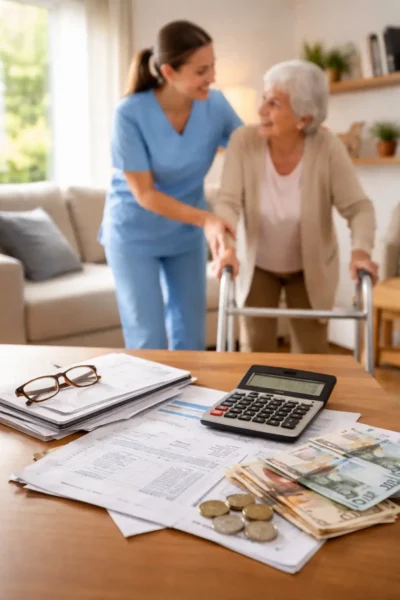 Personne retraitée avec son infirmière traitant son crédit d'impôt chez elle